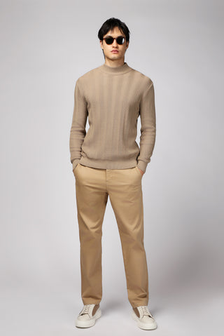  Orta Bej Yarım Balıkçı Yaka Slim Fit Dar Kesim Desenli Pamuklu Triko Kazak