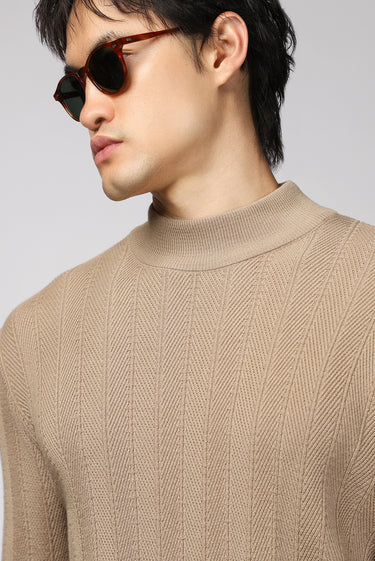 Orta Bej Yarım Balıkçı Yaka Slim Fit Dar Kesim Desenli Pamuklu Triko Kazak