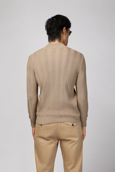 Orta Bej Yarım Balıkçı Yaka Slim Fit Dar Kesim Desenli Pamuklu Triko Kazak