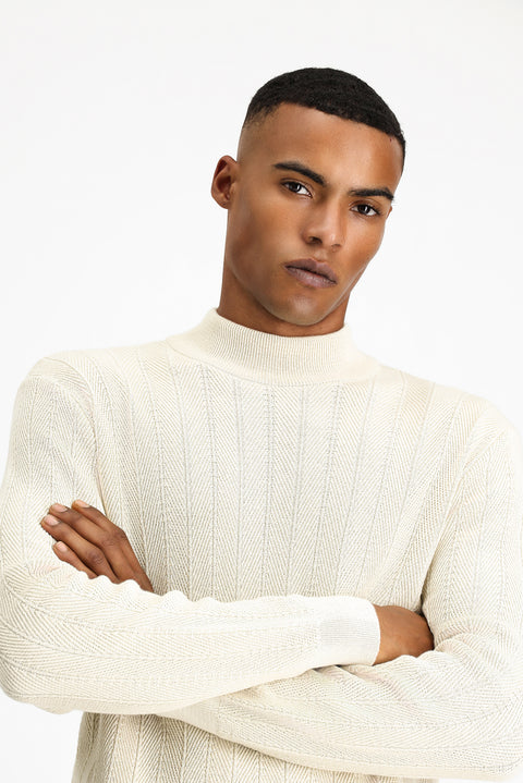 Ekru Yarım Balıkçı Yaka Slim Fit Çizgili Pamuklu Triko Kazak