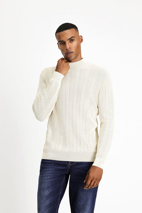 Ekru Yarım Balıkçı Yaka Slim Fit Çizgili Pamuklu Triko Kazak