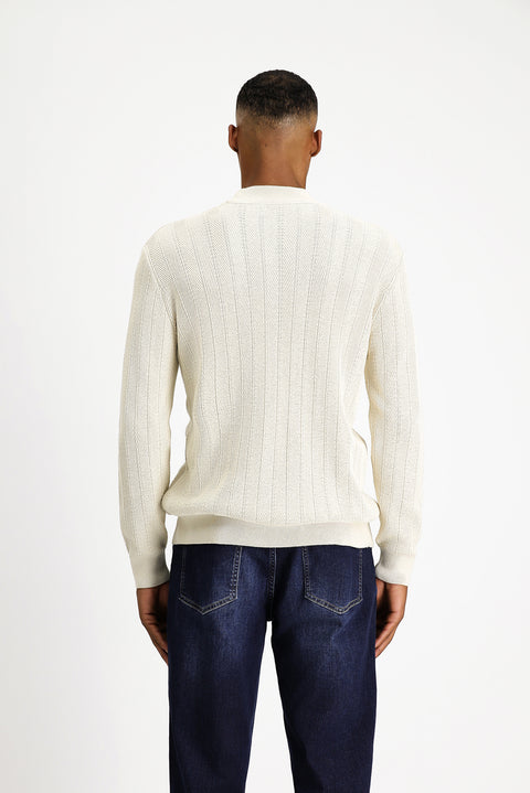 Ekru Yarım Balıkçı Yaka Slim Fit Çizgili Pamuklu Triko Kazak