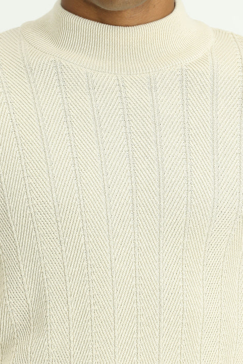 Ekru Yarım Balıkçı Yaka Slim Fit Çizgili Pamuklu Triko Kazak