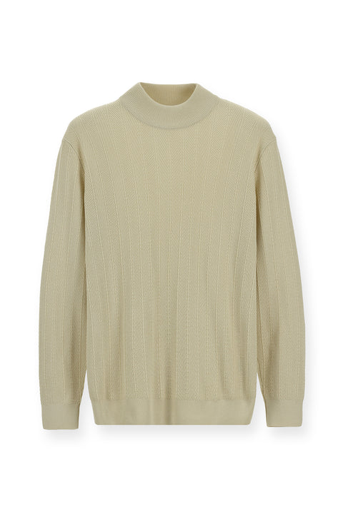 Ekru Yarım Balıkçı Yaka Slim Fit Çizgili Pamuklu Triko Kazak