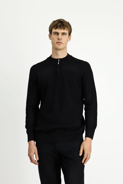 Siyah Yarım Balıkçı Yaka Regular Fit Fermuarlı Desenli Pamuklu Triko Kazak