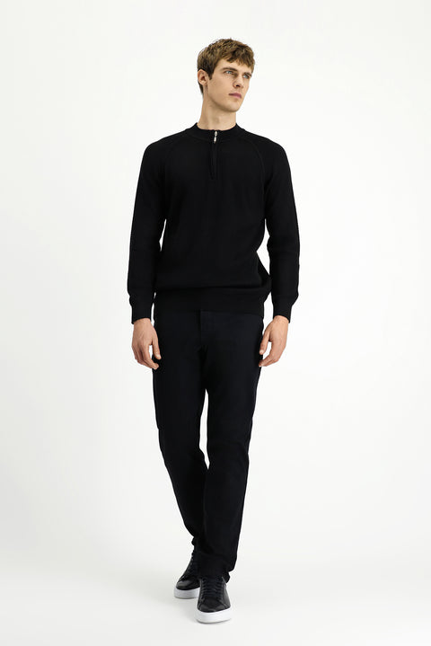 Siyah Yarım Balıkçı Yaka Regular Fit Fermuarlı Desenli Pamuklu Triko Kazak