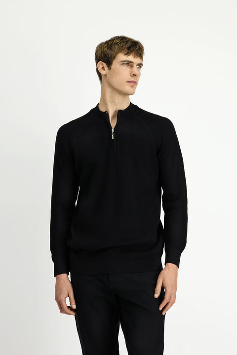 Siyah Yarım Balıkçı Yaka Regular Fit Fermuarlı Desenli Pamuklu Triko Kazak