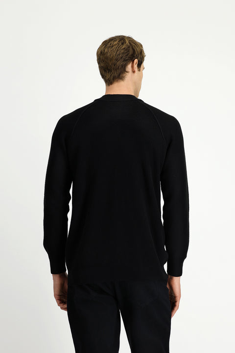 Siyah Yarım Balıkçı Yaka Regular Fit Fermuarlı Desenli Pamuklu Triko Kazak