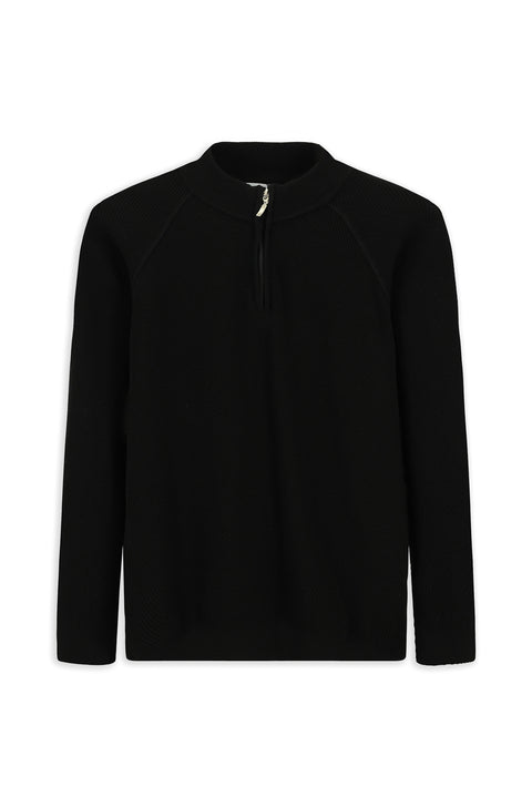 Siyah Yarım Balıkçı Yaka Regular Fit Fermuarlı Desenli Pamuklu Triko Kazak