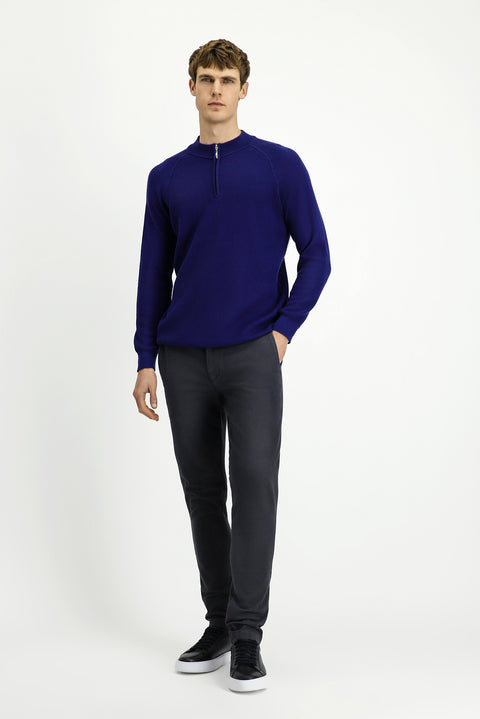 Orta Lacivert Yarım Balıkçı Yaka Regular Fit Fermuarlı Desenli Pamuklu Triko Kazak