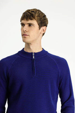  Orta Lacivert Yarım Balıkçı Yaka Regular Fit Fermuarlı Desenli Pamuklu Triko Kazak