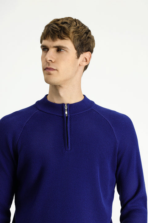 Orta Lacivert Yarım Balıkçı Yaka Regular Fit Fermuarlı Desenli Pamuklu Triko Kazak