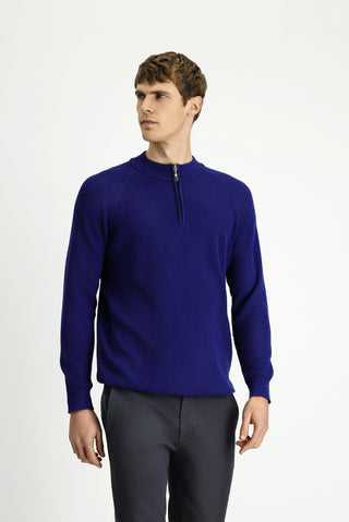  Orta Lacivert Yarım Balıkçı Yaka Regular Fit Fermuarlı Desenli Pamuklu Triko Kazak