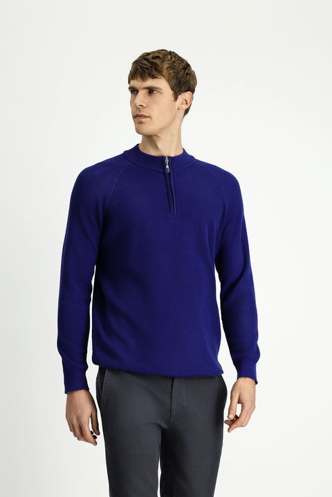 Orta Lacivert Yarım Balıkçı Yaka Regular Fit Fermuarlı Desenli Pamuklu Triko Kazak