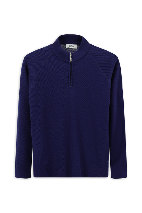 Orta Lacivert Yarım Balıkçı Yaka Regular Fit Fermuarlı Desenli Pamuklu Triko Kazak