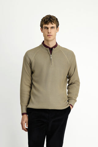  Orta Bej Yarım Balıkçı Yaka Regular Fit Fermuarlı Desenli Pamuklu Triko Kazak