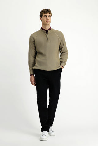  Orta Bej Yarım Balıkçı Yaka Regular Fit Fermuarlı Desenli Pamuklu Triko Kazak