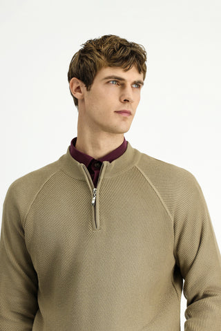  Orta Bej Yarım Balıkçı Yaka Regular Fit Fermuarlı Desenli Pamuklu Triko Kazak