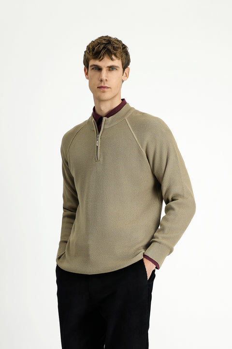 Orta Bej Yarım Balıkçı Yaka Regular Fit Fermuarlı Desenli Pamuklu Triko Kazak