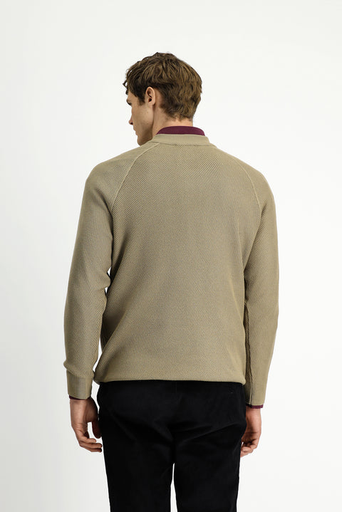 Orta Bej Yarım Balıkçı Yaka Regular Fit Fermuarlı Desenli Pamuklu Triko Kazak