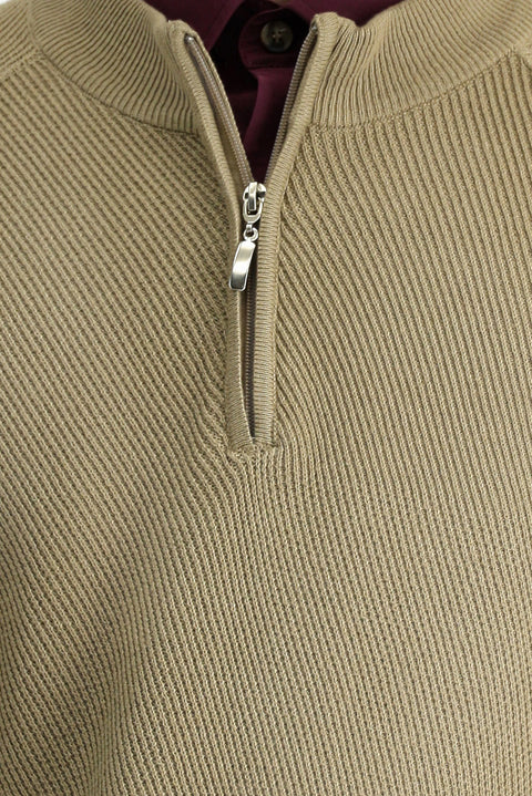 Orta Bej Yarım Balıkçı Yaka Regular Fit Fermuarlı Desenli Pamuklu Triko Kazak