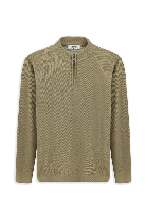 Orta Bej Yarım Balıkçı Yaka Regular Fit Fermuarlı Desenli Pamuklu Triko Kazak