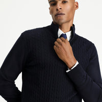 Koyu Lacivert Yarım Balıkçı Yaka Regular Fit Fermuarlı Desenli Pamuklu Triko Kazak