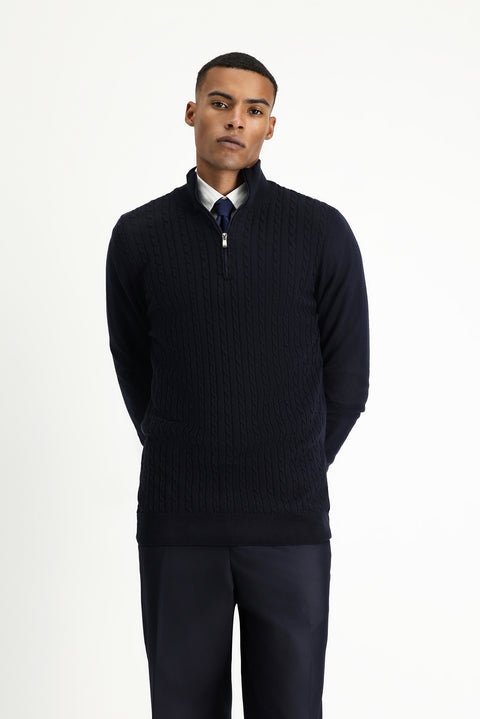 Koyu Lacivert Yarım Balıkçı Yaka Fermuarlı Regular Fit Desenli Pamuklu Triko Kazak