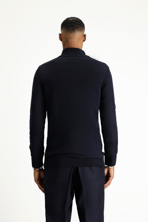 Koyu Lacivert Yarım Balıkçı Yaka Fermuarlı Regular Fit Desenli Pamuklu Triko Kazak