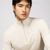 Açık Bej Yarım Balıkçı Yaka Regular Fit Fermuarlı Desenli Pamuklu Triko Kazak