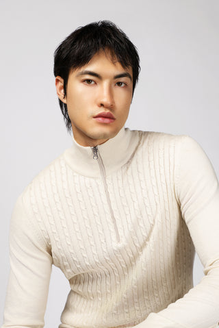  Açık Bej Yarım Balıkçı Yaka Regular Fit Fermuarlı Desenli Pamuklu Triko Kazak