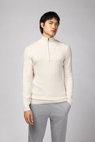  Açık Bej Yarım Balıkçı Yaka Regular Fit Fermuarlı Desenli Pamuklu Triko Kazak