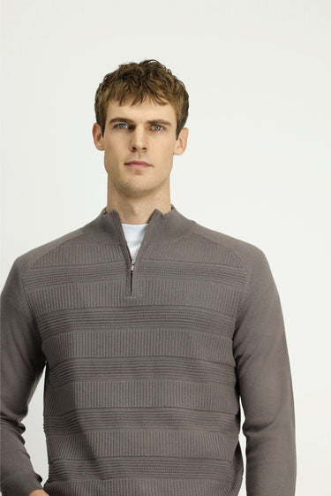 Orta Gri Melanj Yarım Balıkçı Yaka Regular Fit Fermuarlı Desenli Pamuklu Triko Kazak