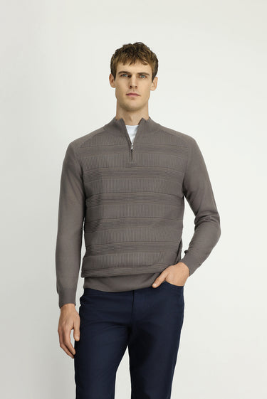 Orta Gri Melanj Yarım Balıkçı Yaka Regular Fit Fermuarlı Desenli Pamuklu Triko Kazak