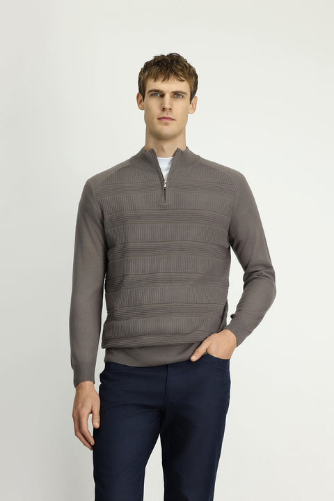 Orta Gri Melanj Yarım Balıkçı Yaka Regular Fit Fermuarlı Desenli Pamuklu Triko Kazak