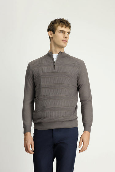 Orta Gri Melanj Yarım Balıkçı Yaka Regular Fit Fermuarlı Desenli Pamuklu Triko Kazak