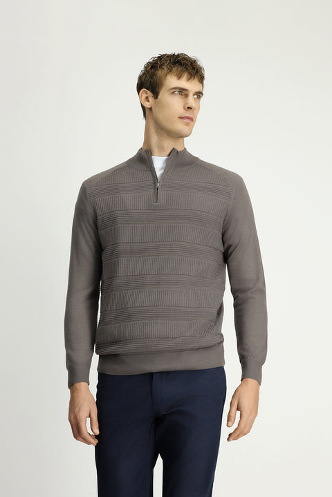 Orta Gri Melanj Yarım Balıkçı Yaka Regular Fit Fermuarlı Desenli Pamuklu Triko Kazak