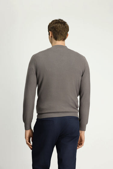 Orta Gri Melanj Yarım Balıkçı Yaka Regular Fit Fermuarlı Desenli Pamuklu Triko Kazak