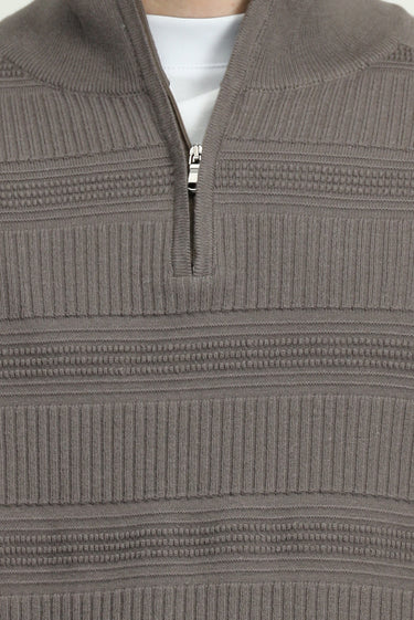 Orta Gri Melanj Yarım Balıkçı Yaka Regular Fit Fermuarlı Desenli Pamuklu Triko Kazak