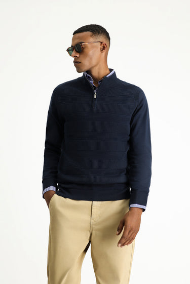  Koyu Lacivert Yarım Balıkçı Yaka Regular Fit Fermuarlı Desenli Pamuklu Triko Kazak