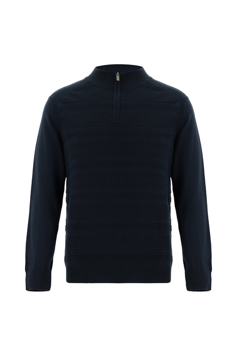 Koyu Lacivert Yarım Balıkçı Yaka Regular Fit Fermuarlı Desenli Pamuklu Triko Kazak