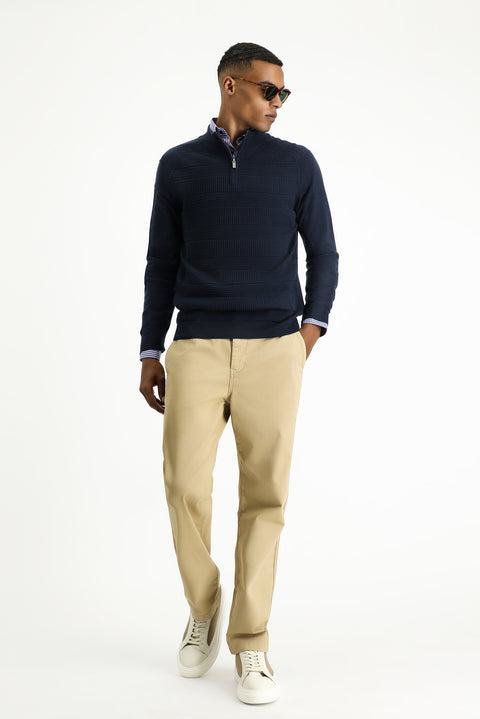 Koyu Lacivert Yarım Balıkçı Yaka Regular Fit Fermuarlı Desenli Pamuklu Triko Kazak