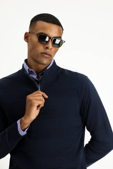  Koyu Lacivert Yarım Balıkçı Yaka Regular Fit Fermuarlı Desenli Pamuklu Triko Kazak