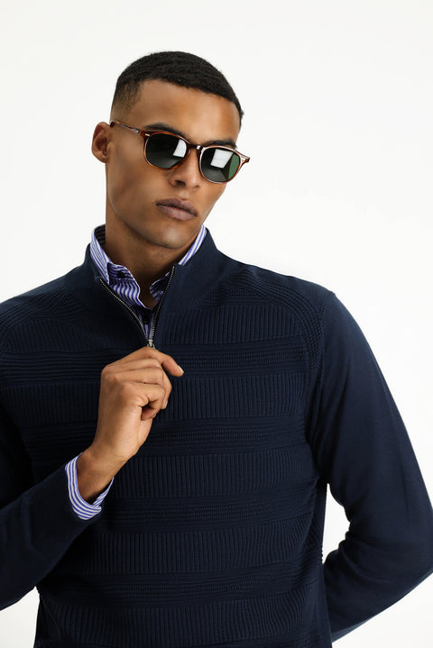 Koyu Lacivert Yarım Balıkçı Yaka Regular Fit Fermuarlı Desenli Pamuklu Triko Kazak