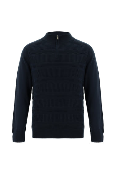 Koyu Lacivert Yarım Balıkçı Yaka Regular Fit Fermuarlı Desenli Pamuklu Triko Kazak