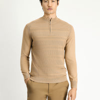 Orta Bej Yarım Balıkçı Yaka Regular Fit Fermuarlı Desenli Pamuklu Triko Kazak