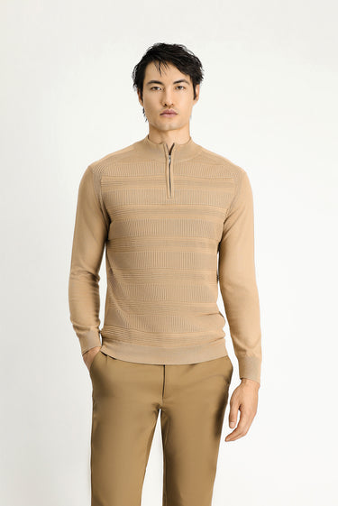 Orta Bej Yarım Balıkçı Yaka Regular Fit Fermuarlı Desenli Pamuklu Triko Kazak