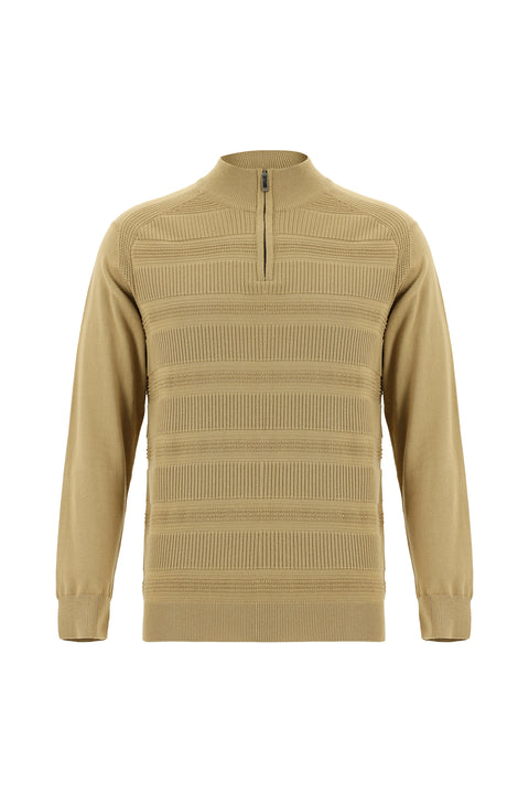 Orta Bej Yarım Balıkçı Yaka Regular Fit Fermuarlı Desenli Pamuklu Triko Kazak