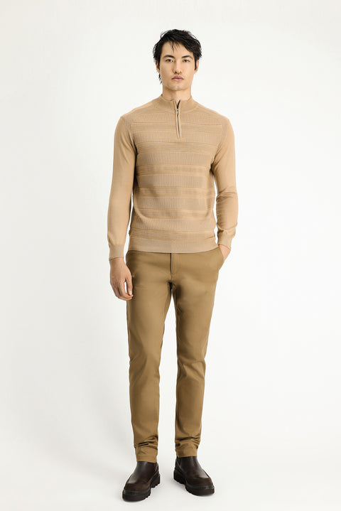 Orta Bej Yarım Balıkçı Yaka Regular Fit Fermuarlı Desenli Pamuklu Triko Kazak