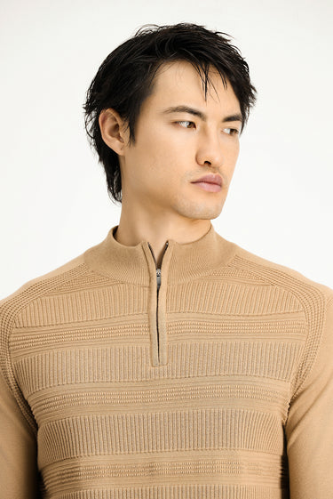 Orta Bej Yarım Balıkçı Yaka Regular Fit Fermuarlı Desenli Pamuklu Triko Kazak